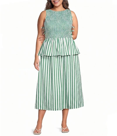 Lucy Paris Plus Size Merrit Striped Boat Neck Sleeveless Peplum Smocked Midi Dress