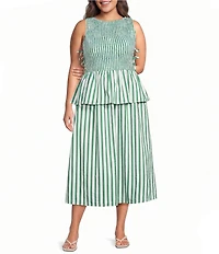 Lucy Paris Plus Size Merrit Striped Boat Neck Sleeveless Peplum Smocked Midi Dress