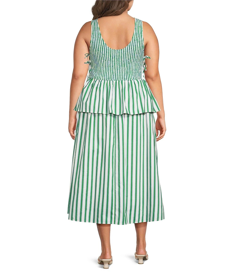 Lucy Paris Plus Size Merrit Striped Boat Neck Sleeveless Peplum Smocked Midi Dress