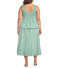 Lucy Paris Plus Size Merrit Striped Boat Neck Sleeveless Peplum Smocked Midi Dress