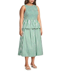 Lucy Paris Plus Size Merrit Striped Boat Neck Sleeveless Peplum Smocked Midi Dress
