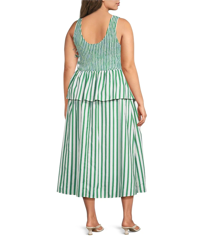 Lucy Paris Plus Size Merrit Striped Boat Neck Sleeveless Peplum Smocked Midi Dress