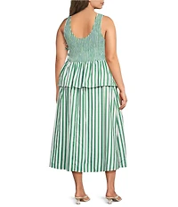 Lucy Paris Plus Size Merrit Striped Boat Neck Sleeveless Peplum Smocked Midi Dress