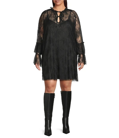 Lucy Paris Plus Size Mika Lace Crew Neck Long Sleeve Mini Shift Dress