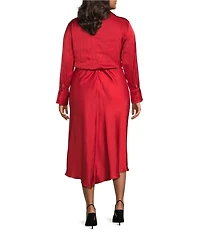 Lucy Paris Plus Size Paige Collard V-Neck Long Sleeve Satin Midi Dress