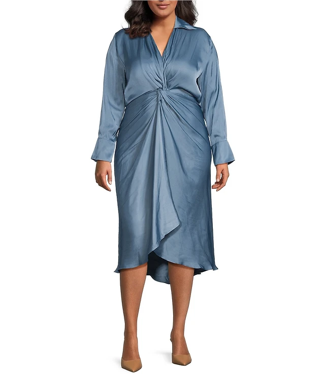 fluid long sleeve satin faux wrap midi dress sam edelman Fluid Long Sleeve Satin Faux Wrap Midi Dress (Women)