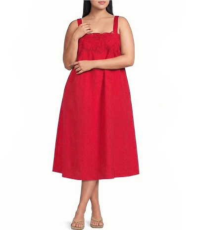 Lucy Paris Plus Size Rey Embroidered Eyelet Square Neck Sleeveless Midi Dress