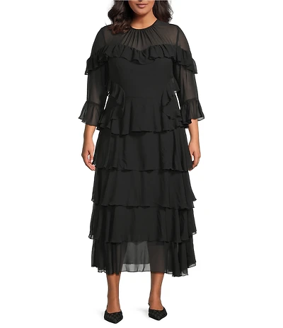 Lucy Paris Plus Size Ruffle Scoop Neck 3/4 Sleeves Tiered Fit & Flare Maxi Dress