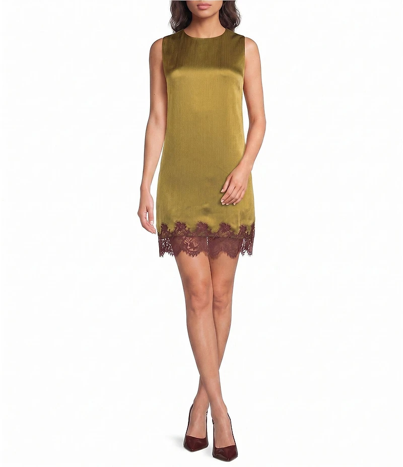 Lucy Paris Roxy Satin Lace Hem Round Neck Sleeveless Mini Dress
