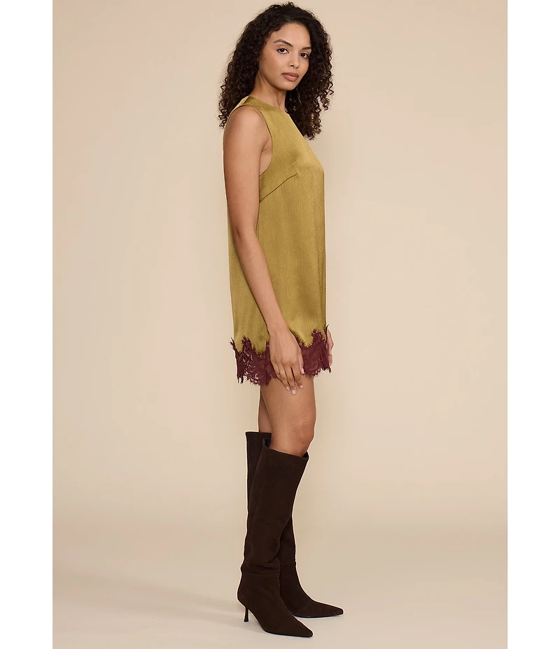 Lucy Paris Roxy Satin Lace Hem Round Neck Sleeveless Mini Dress
