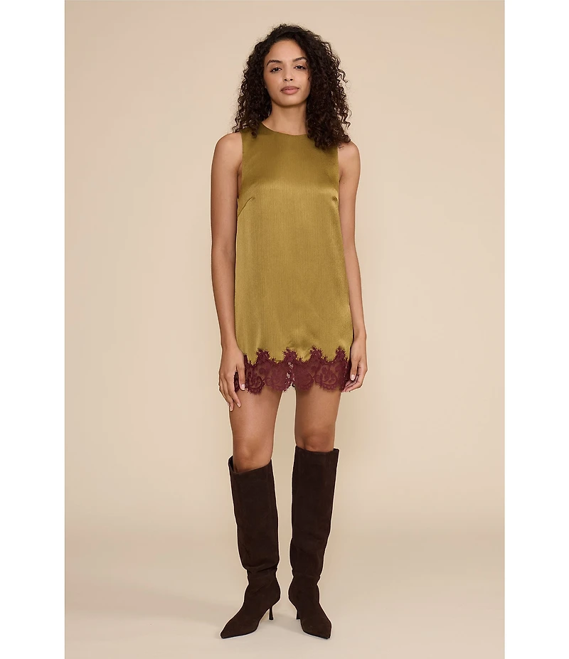 Lucy Paris Roxy Satin Lace Hem Round Neck Sleeveless Mini Dress