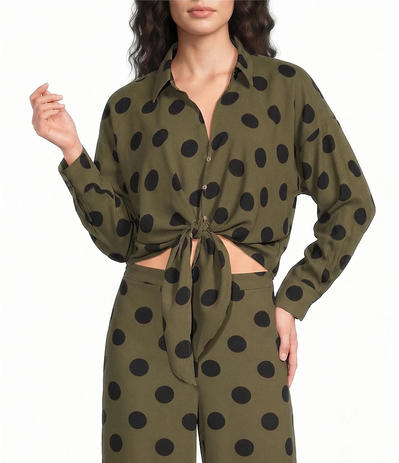 Lucy Paris Rue Polka Dot Printed Collared V-Neck Long Sleeve Coordinating Tie Top