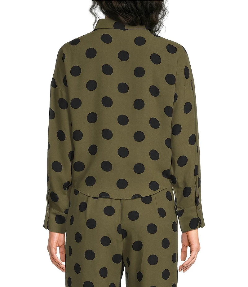 Lucy Paris Rue Polka Dot Printed Collared V-Neck Long Sleeve Coordinating Tie Top