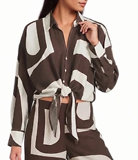 Lucy Paris Rue Printed Collared Long Sleeve Coordinating Button Front Tie Top