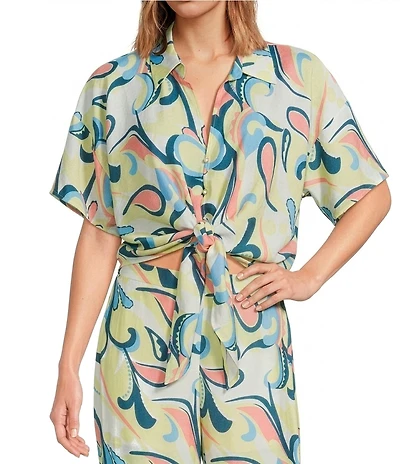 Lucy Paris Rue Printed Collared Neck Short Sleeve Coordinating Tie Top