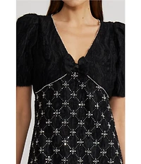 Lucy Paris Samira Embellish V-Neck Puff Sleeves Mini Dress