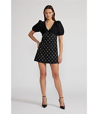Lucy Paris Samira Embellish V-Neck Puff Sleeves Mini Dress