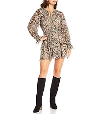 Lucy Paris Santino Leopard Print V-Neck Long Sleeve Mini Dress