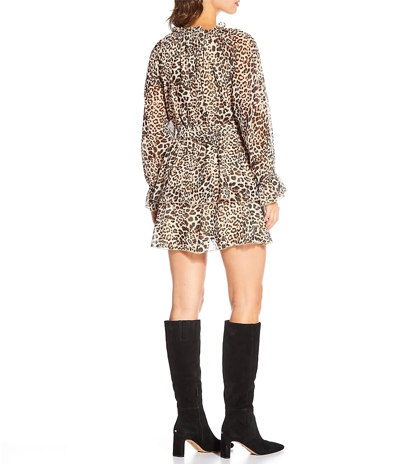 Lucy Paris Santino Leopard Print V-Neck Long Sleeve Mini Dress