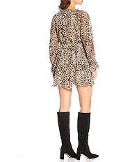 Lucy Paris Santino Leopard Print V-Neck Long Sleeve Mini Dress