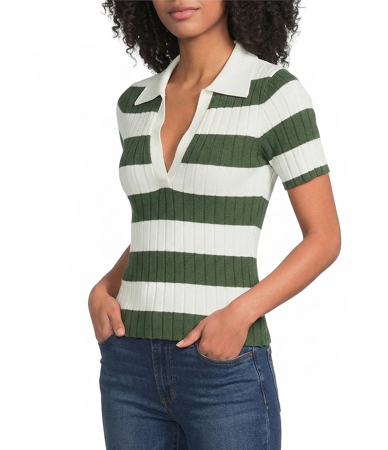 Lucy Paris Smith Stripe Polo Neck Short Sleeve Knit Top