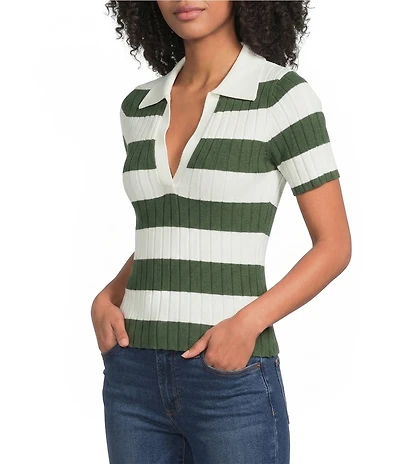 Lucy Paris Smith Stripe Polo Neck Short Sleeve Knit Top