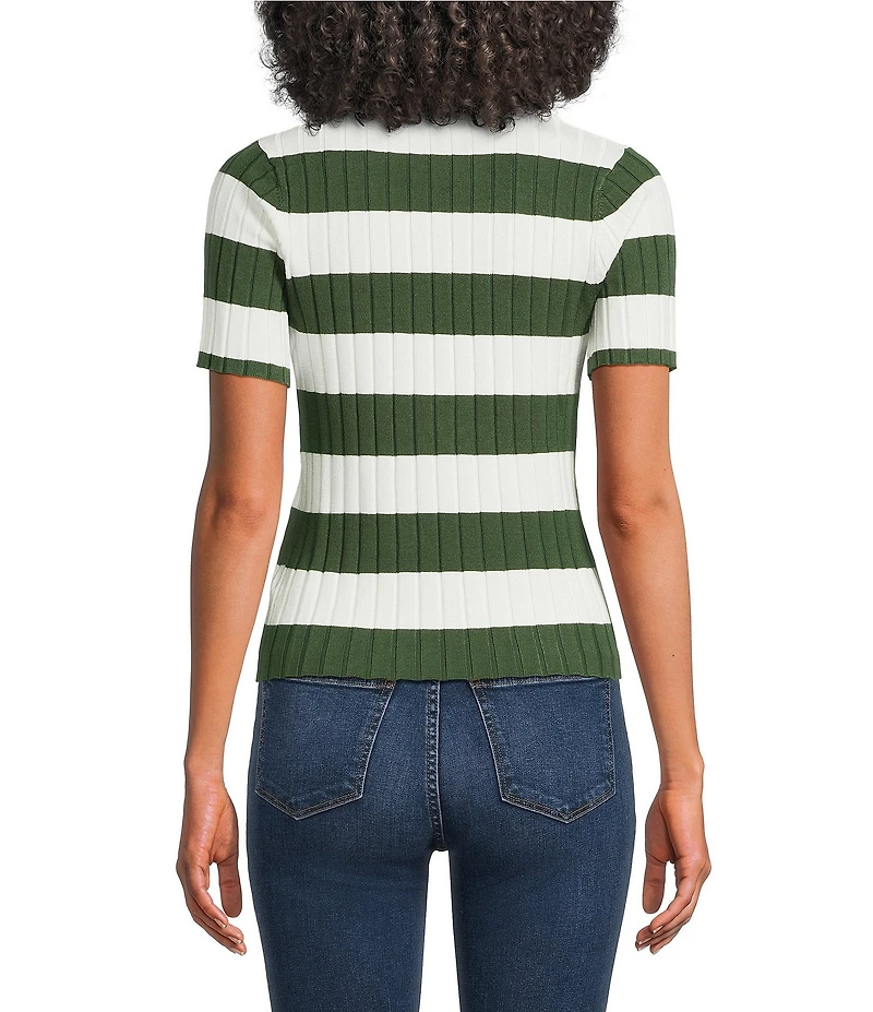 Lucy Paris Smith Stripe Polo Neck Short Sleeve Knit Top