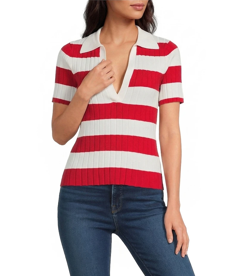 Lucy Paris Smith Stripe Polo Neck Short Sleeve Knit Top