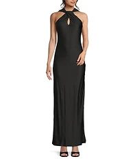Lulus Aurora Sateen Scarf Halter Criss Cross Front A-Line Maxi Dress