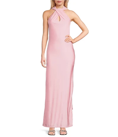Lulus Aurora Sateen Scarf Halter Criss Cross Front A-Line Maxi Dress