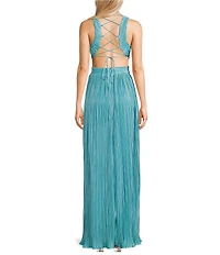 Lulus Beale Plisse V-Neck Sleeveless Side Cut-Out Lace-Up Back Dress