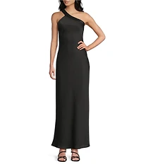 Lulus Bobbi Satin Asymmetric Neck Full Length Dress