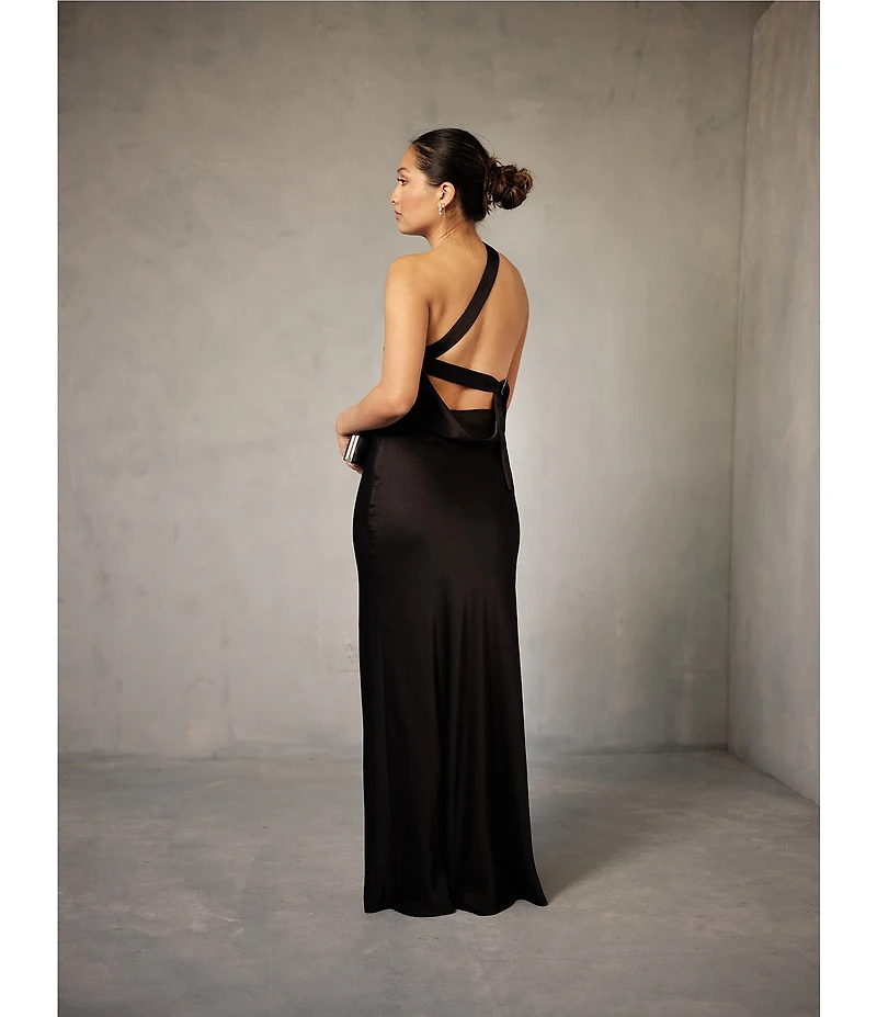 Lulus Bobbi Satin Asymmetric Neck Full Length Dress