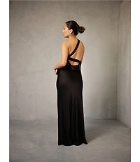 Lulus Bobbi Satin Asymmetric Neck Full Length Dress