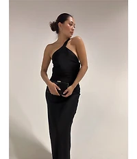 Lulus Bobbi Satin Asymmetric Neck Full Length Dress
