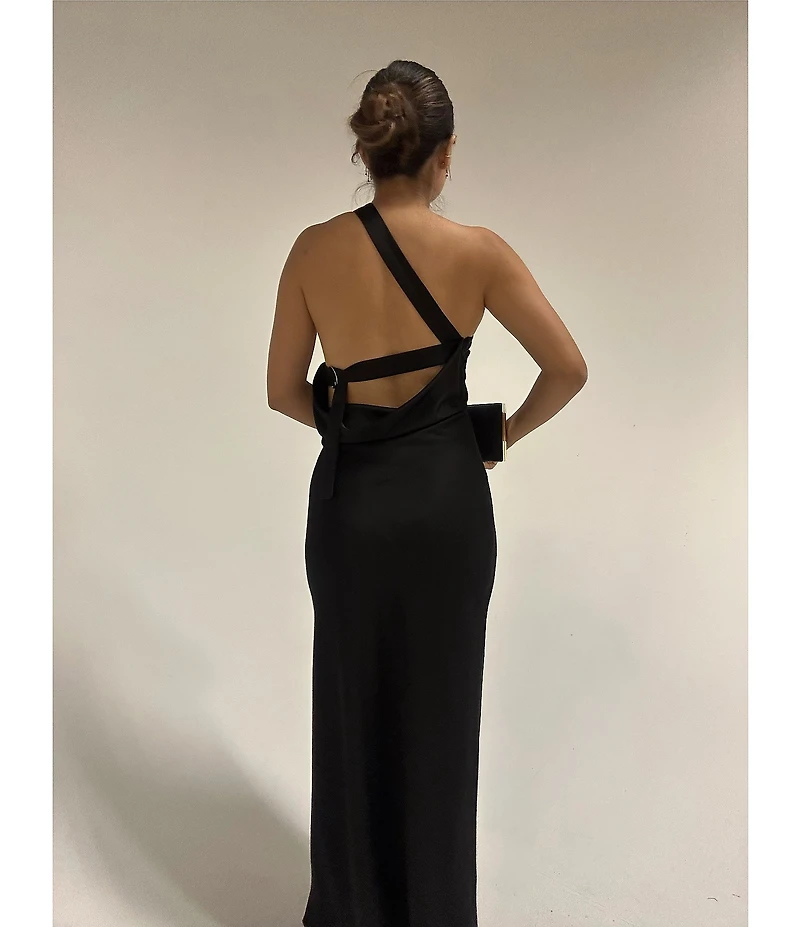 Lulus Bobbi Satin Asymmetric Neck Full Length Dress