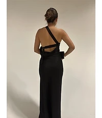 Lulus Bobbi Satin Asymmetric Neck Full Length Dress