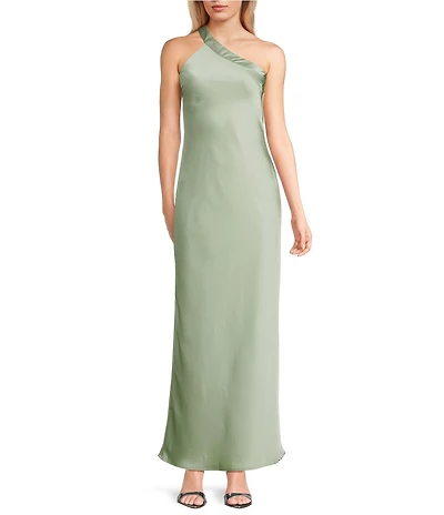 Lulus Bobbi Satin Asymmetric Neck Full Length Dress