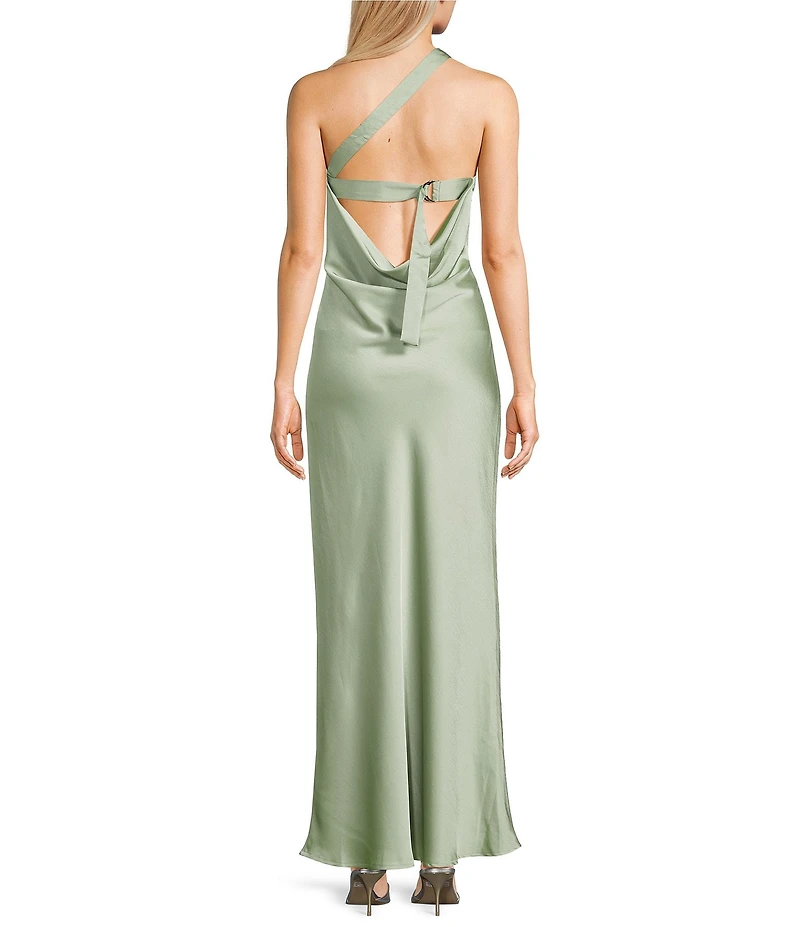 Lulus Bobbi Satin Asymmetric Neck Full Length Dress