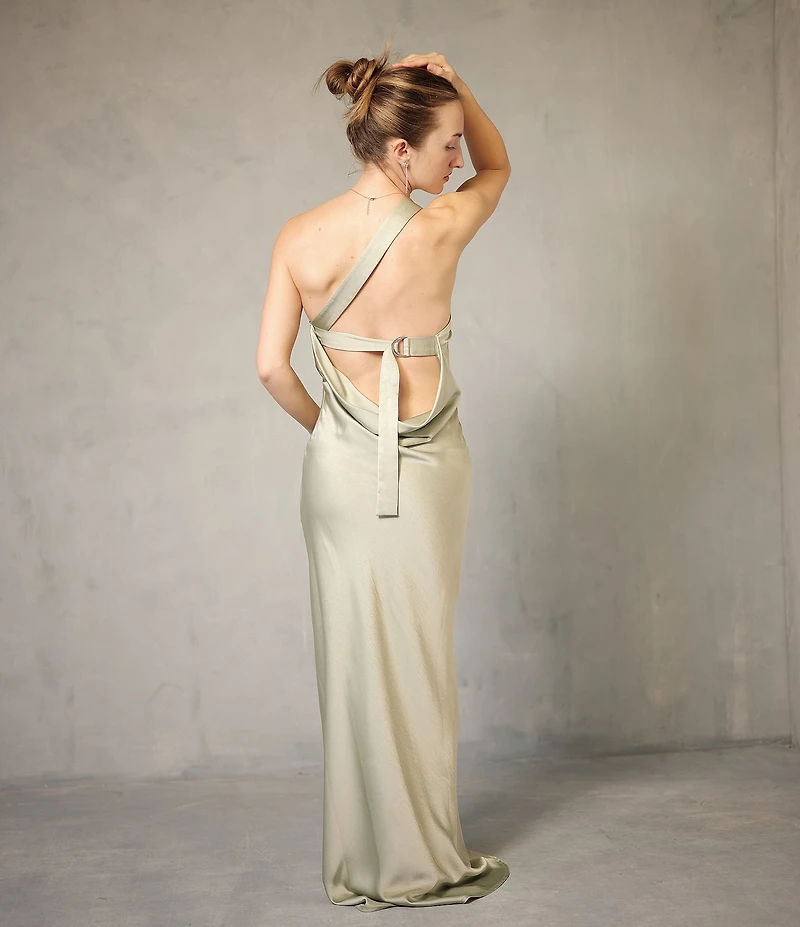 Lulus Bobbi Satin Asymmetric Neck Full Length Dress