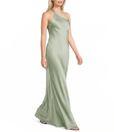 Lulus Bobbi Satin Asymmetric Neck Full Length Dress
