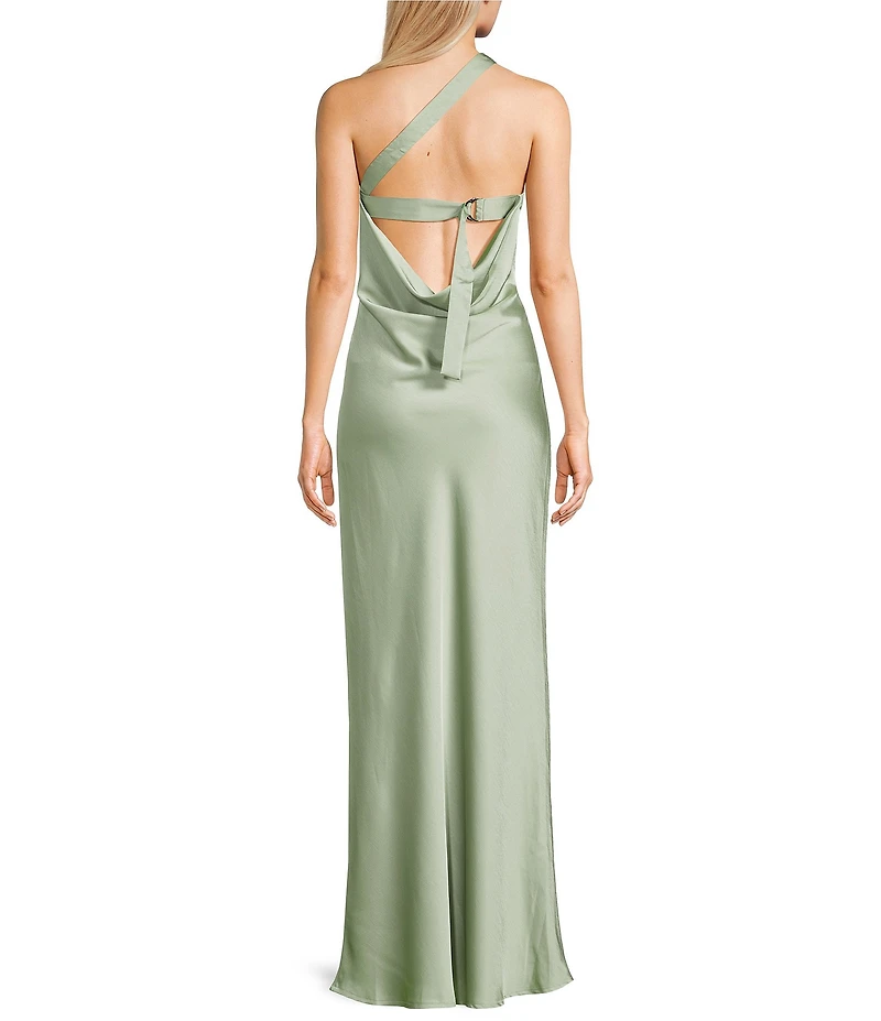 Lulus Bobbi Satin Asymmetric Neck Full Length Dress