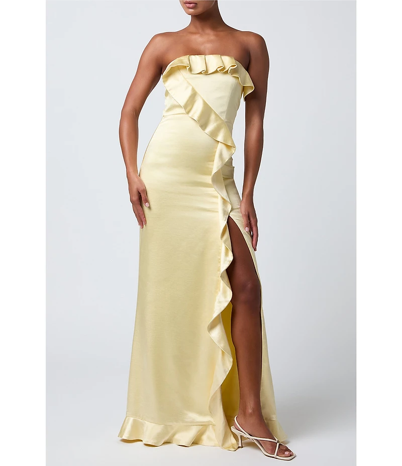 Lulus Bonnie Satin Strapless Ruffle Side Slit A-Line Full Length
