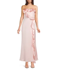 Lulus Bonnie Satin Strapless Ruffle Side Slit A-Line Full Length