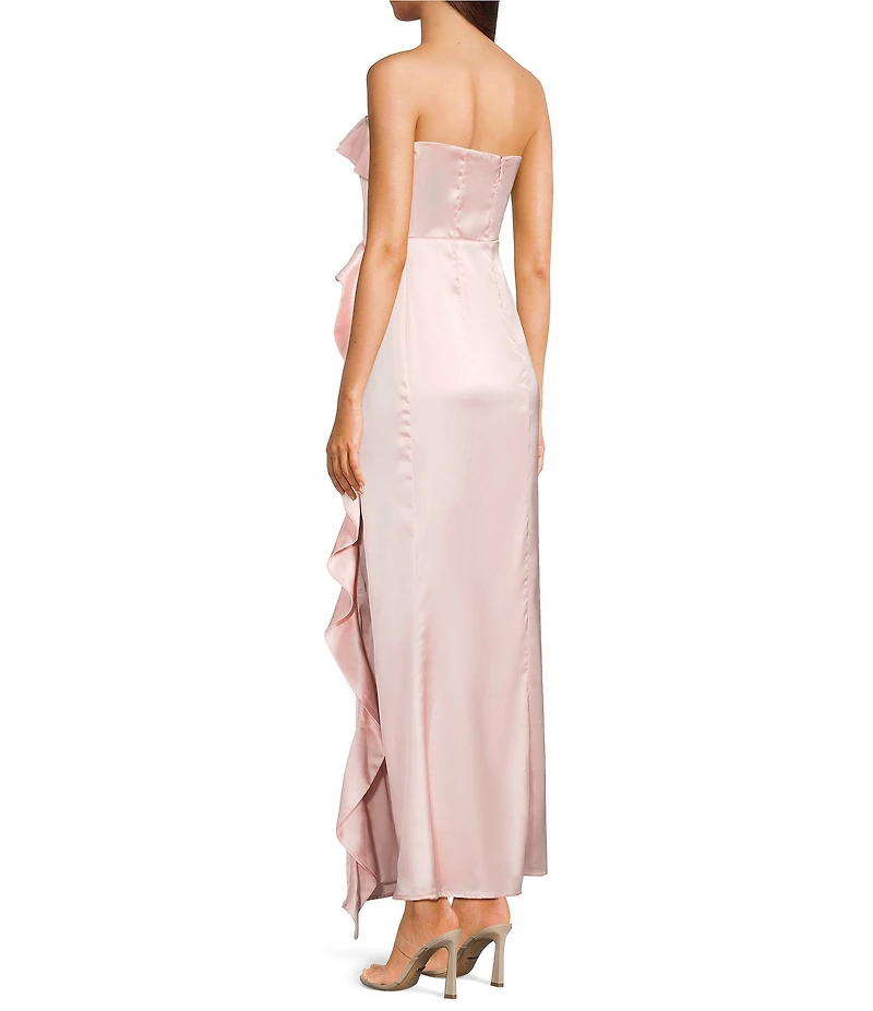 Lulus Bonnie Satin Strapless Ruffle Side Slit A-Line Full Length