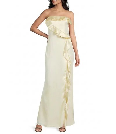 Lulus Bonnie Satin Strapless Ruffle Side Slit A-Line Full Length