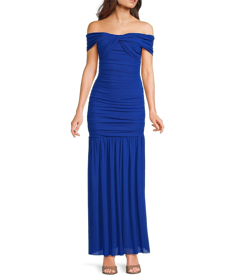 Lulus Harper Ruched Off-The-Shoulder Drop Waist Mesh Maxi Dress