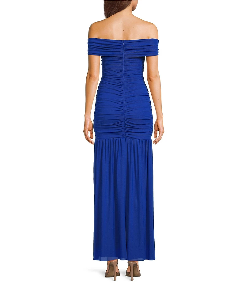 Lulus Harper Ruched Off-The-Shoulder Drop Waist Mesh Maxi Dress