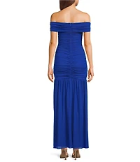 Lulus Harper Ruched Off-The-Shoulder Drop Waist Mesh Maxi Dress