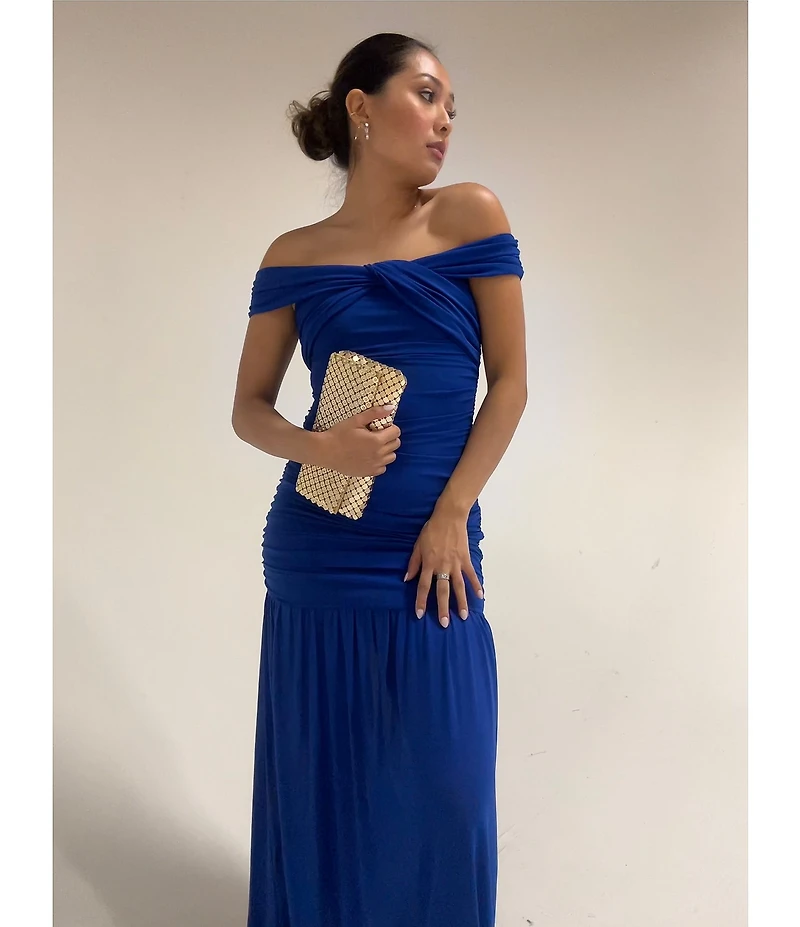 Lulus Harper Ruched Off-The-Shoulder Drop Waist Mesh Maxi Dress